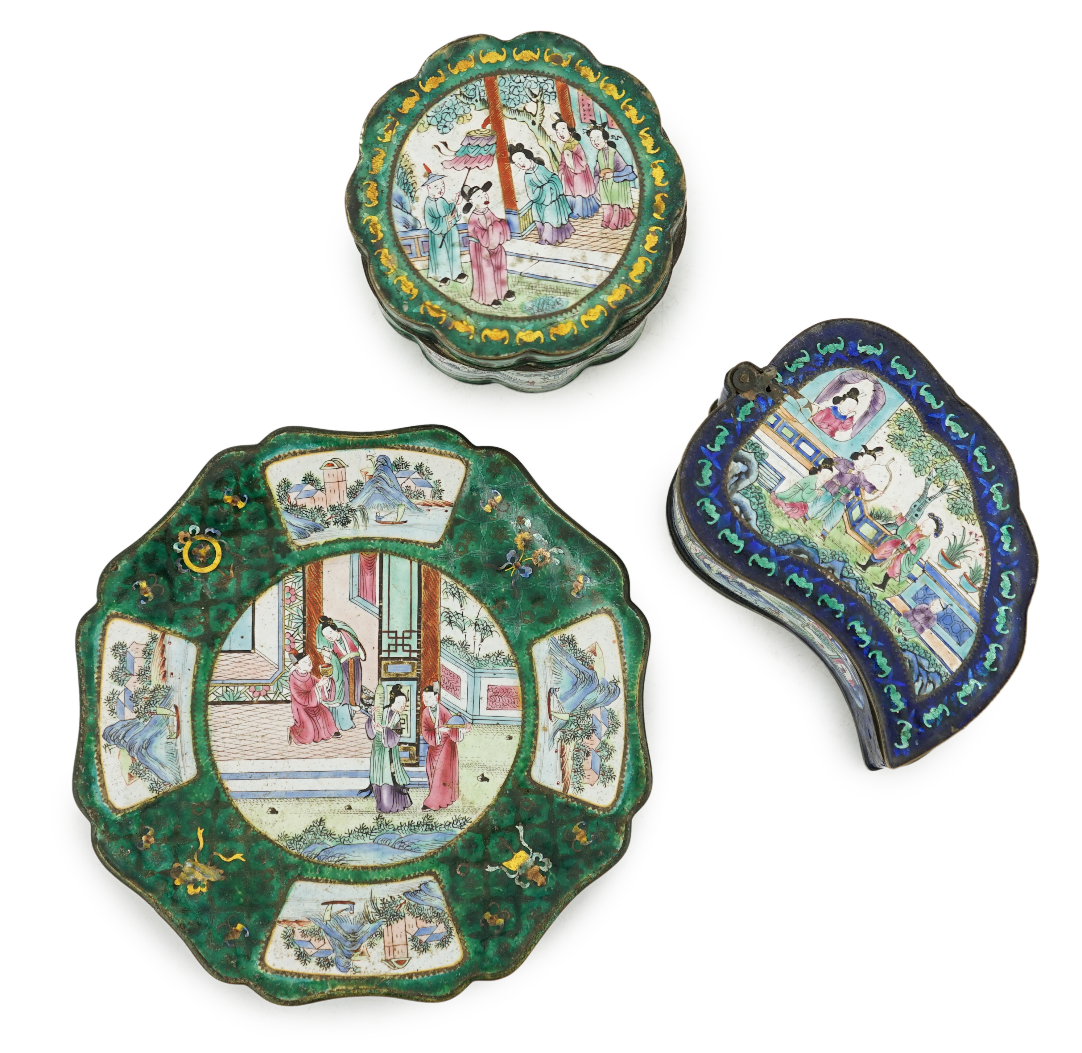 Two Chinese Guangzhou enamel boxes and a similar petal lobed dish, Daoguang period